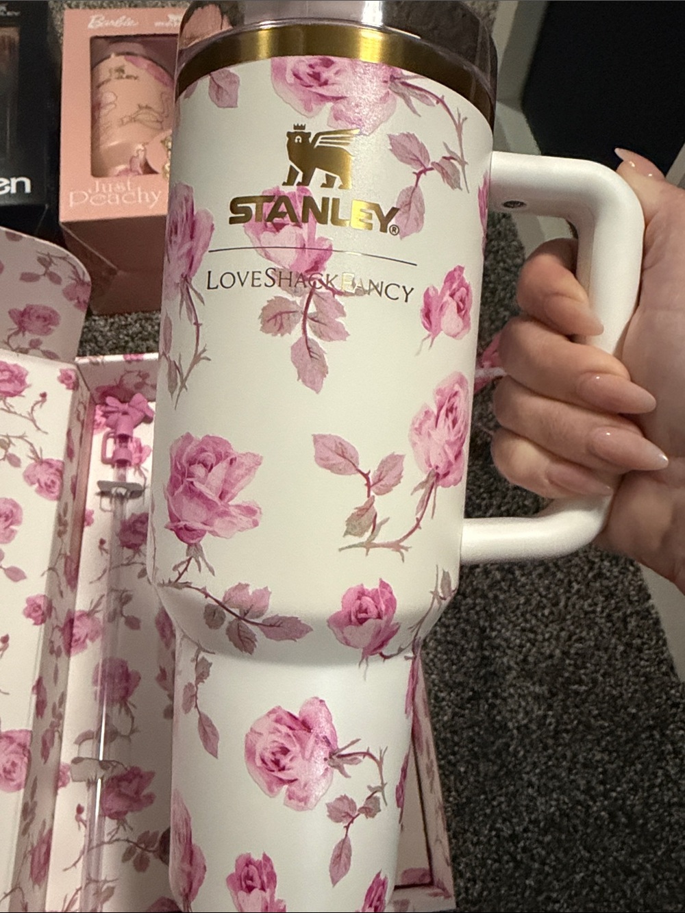 Stanley White 40 oz  Travel Mug with Pink Floral Print by LOVESHACKFANCY